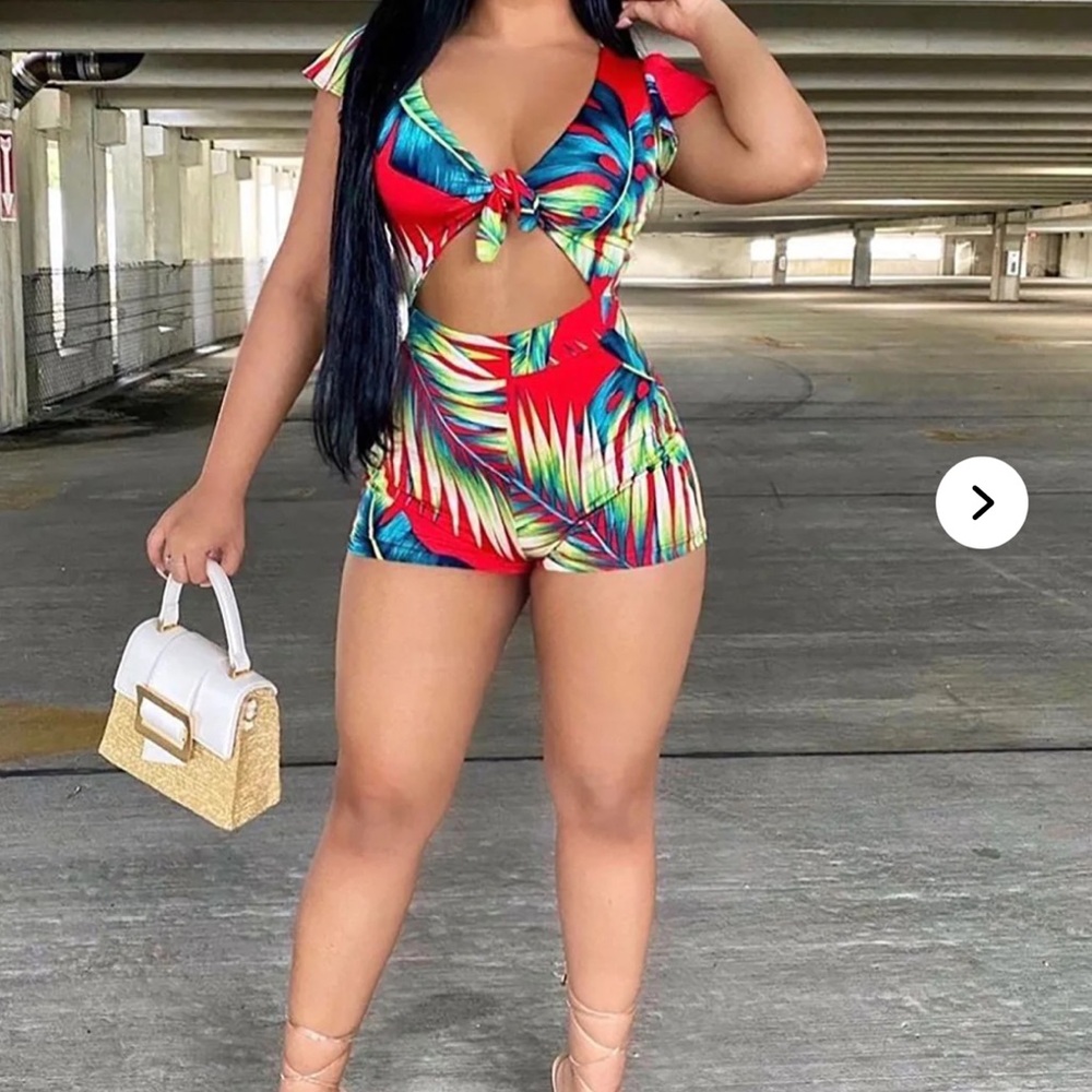 Fashion Nova Tropical Print Cutout Romper